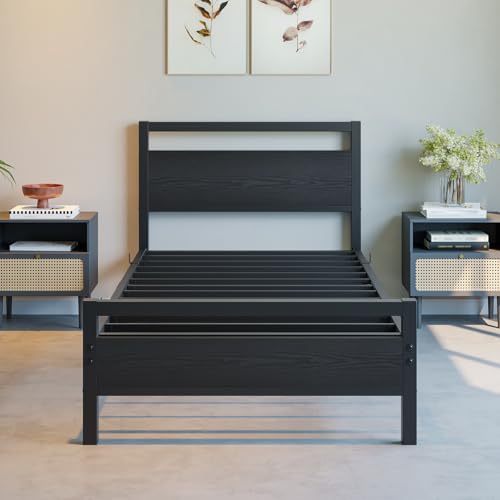 BOFENG Twin Bed Frame with Wood Headboard,Metal Single Platform Bed Frame Twin Size No Box Spring Needed,Heavy Duty Metal Slats Support,Noise Free,Single Bed Base,Easy Assembly,Black BOFENG