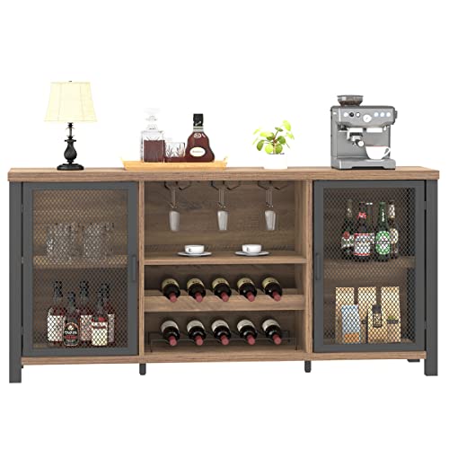 Launica Wine Bar Cabinet, Industrial Coffee Bar Cabinet Farmhouse for Liquor and Glasses, Sideboard Buffet Cabinet with Storage Rack for Home Kitchen Dining Room, Rustic Oak, 55 In Launica