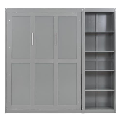 Harper & Bright Designs Gray Full Size Murphy Bed with Storage Shelves, Wood Cabinet Full Platform Beds with Flexible Slats Support, Foldable Wall Bed Frame for Home Office Studio Harper & Bright Designs