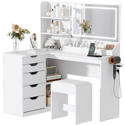 YESHOMY Vanity Desk with Lights and Mirror, L Shaped Makeup Table with Stool, Dresser with Hairdryer Holder and Power Outlet, Adjustable 3 Lighting Modes, 5 Drawers and Open Storage Shelves, White