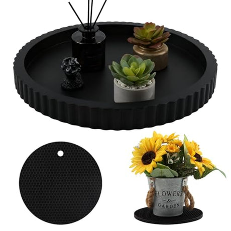 2PCS Decorative Tray & Coaster Set for Coffee Table, Living Room, Side Table, 11" Round Concrete Home Decor Serving Trays for Accent Tables, Console Tables(Color:Black) Qirvaten