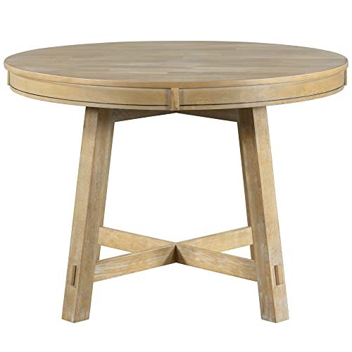 P PURLOVE Round Kitchen Table, Round Extendable Dining Table with 16" Leaf,Wood Dining Table Round,Natural Wood Wash Dinner Table P PURLOVE