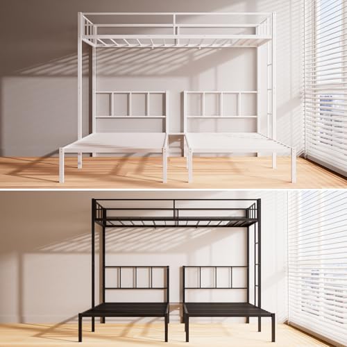 Mixcous Triple Bunk Bed Twin Over Twin Bunk Bed for 3, Guardrails and Ladder Metal Bunkbed, 3 Bed Teens and Adults, No Box Spring Needed, White Mixcous