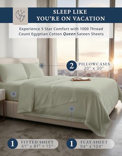 100% Egyptian Cotton Queen Bed Sheet Set – 1000 Thread Count 4 Piece Queen Sheets Set, Breathable & Fade Resistant, Silky Sateen Weave, Ultra-Soft Hotel Luxury Bedding with 15" Deep Pocket - Mineral LANE LINEN