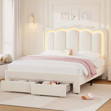 Queen Upholstered LED Bed Frame with 2 Storage Drawers and Adjustable Chic Double Wavy Headboard, Velvet Princess Platform Bed with Charing Station, Solid Wood Slats Support,No Box Spring Needed,Beige Jocoevol