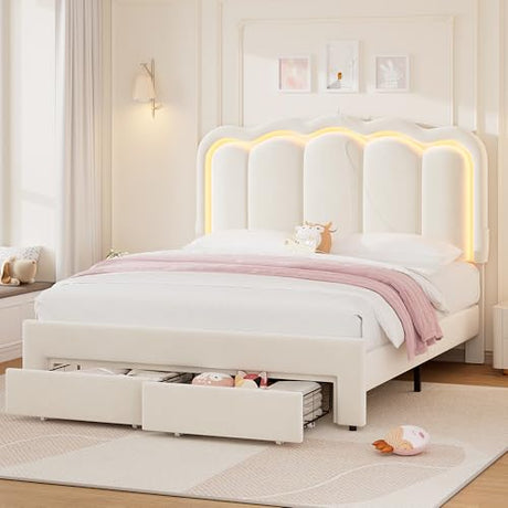 Queen Upholstered LED Bed Frame with 2 Storage Drawers and Adjustable Chic Double Wavy Headboard, Velvet Princess Platform Bed with Charing Station, Solid Wood Slats Support,No Box Spring Needed,Beige Jocoevol