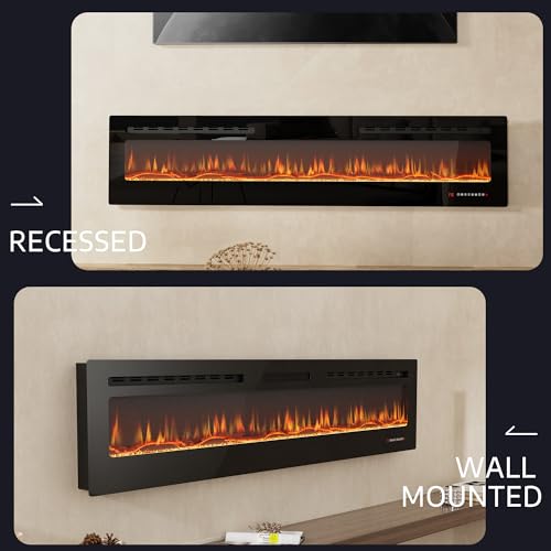 HOMTHING 70" Smart WiFi Electric Fireplace, Wall Mounted & Recessed, App & Remote Control, Ultra-Thin 750W/1500W Fireplace with Touch Screen, 12H Timer, 5 Realistic Flames, Log & Crystal (70" WiFi) HOMTHING