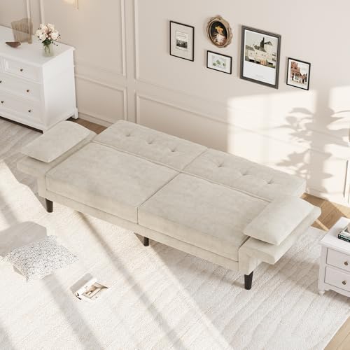 IDEALHOUSE 89" Futon Sofa Bed, Modern Chenille Sleeper Couch with Adjustable Backrest & Armrest, Convertible Futon Couch for Living Room Bedroom Apartments, Beige IDEALHOUSE