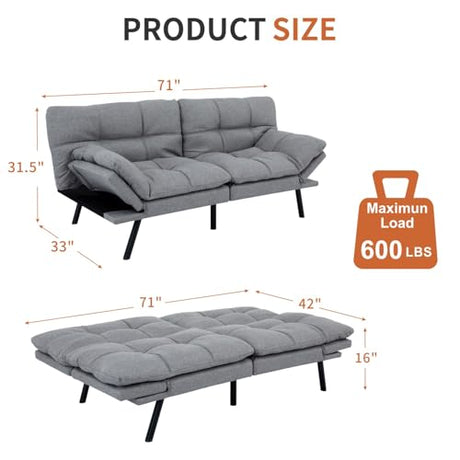 MUUEGM Futon Sofa Bed，Memory Foam Futon Convertible Couch Bed, Sofa Bed Couch,Modern Loveseat Sofa,Sleeper Couch for Small Space，Apartment, Living Room,Adjustable Backrests Armrests,Light Grey MUUEGM