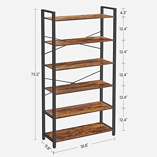 VASAGLE Industrial 6-Tier Bookshelf with Steel Frame - Rustic Brown and Black, Ample Storage for Home or Office - WoodArtSupply