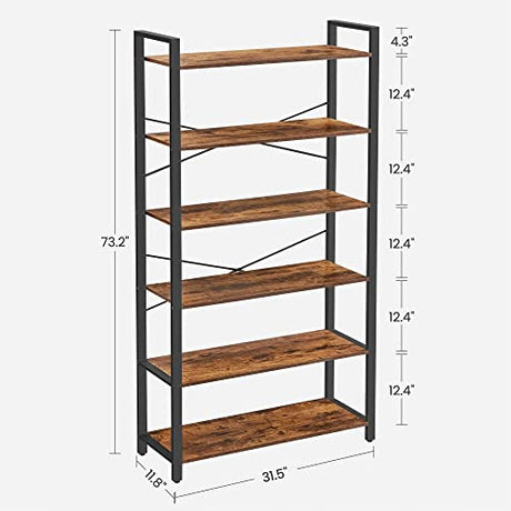 VASAGLE Industrial 6-Tier Bookshelf with Steel Frame - Rustic Brown and Black, Ample Storage for Home or Office VASAGLE