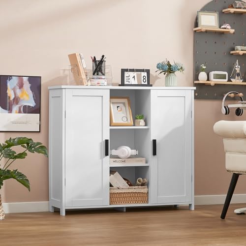 Iwell Storage Cabinet with 2 Doors and 4 Storage Shelves, Credenza Buffet Cabinet, Bathroom Cabinet for Living Room, Entryway, Home Office, White - WoodArtSupply