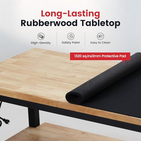 ENJOYWOOD Work Table for Garage 60 x 22 Inch Adjustable Height Workbench Heavy Duty Rubberwood Tabletop Work Bench with Power Outlets Pegboard Pad for Woodworking Shop, Home, Office ENJOYWOOD