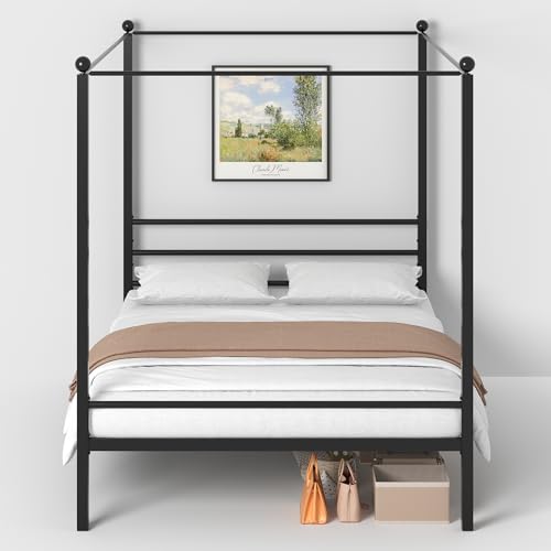 Lutown-Teen King Size Canopy Bed Frame, Four Poster Metal Canopy King Size Bed Frame, Heavy Duty Mattress Foundation with Underbed Storage, No Box Spring Needed, Easy Assembly, Black