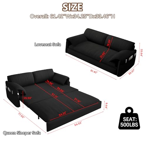 Gexpusm Futon Sofa Bed Queen Size,3-in-1 Convertible Sleeper Sofa,Pull Out Bed with Side Pocket,Loveseat Couch,Modern Futon Couch for Living Room,Small Space,Apartment,Bedroom (Black Velvet, 61") Gexpusm