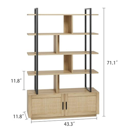 GAOMON 5-Tier Burlywood Industrial Bookshelf with Storage Cabinet and Open Display Shelves - WoodArtSupply