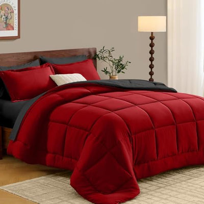 FUANNA Queen Comforter Set 7 Pieces, Reversible Queen Size Bed in a Bag with All Season Premium Comforter, Bedding Sets Includes Comforter, Flat Sheet, Fitted Sheet, Pillowcases & Shams, Red & Black
