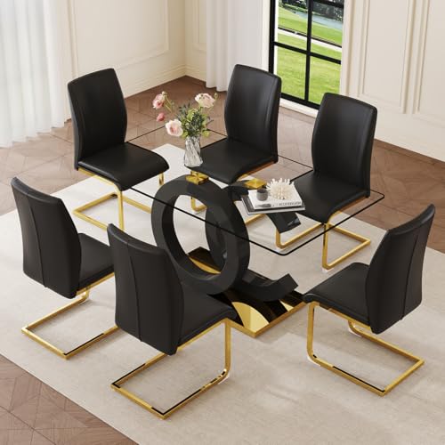 63" Glass Dining Table Set for 6, Modern Dining Table Set for 6, Tempered Glass Tabletop with Black OC-Shaped Legs and Gold Base, Black Gold Kitchen Table Set with 6 Cantilever Upholstered Chairs Iopirbu