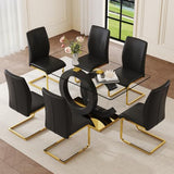 63" Glass Dining Table Set for 6, Modern Dining Table Set for 6, Tempered Glass Tabletop with Black OC-Shaped Legs and Gold Base, Black Gold Kitchen Table Set with 6 Cantilever Upholstered Chairs Iopirbu