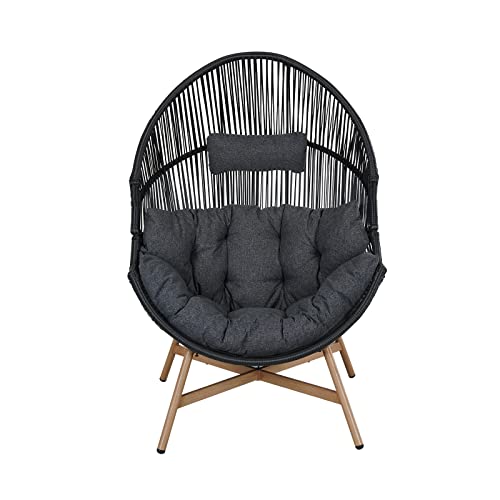 Grand patio Outdoor & Indoor Egg Chair 2PC, PE Wicker Open Weave Wood Grain Finish Oversized Egg Cocoon Chairs with Stand Lounge Chair Comfortable for Front Porch, Living Room, Bedroom (Dark Grey 2PC) Grand patio