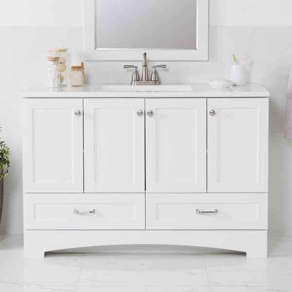 Spring Mill Cabinets Emlyn 48 Inch Bathroom Vanity with White Single Sink Top, 3 Cabinets, 2 Shelves, 2 Drawers, 48.5" W x 18.75" D x 32.89" H, White