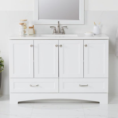 Spring Mill Cabinets Emlyn 48 Inch Bathroom Vanity with White Single Sink Top, 3 Cabinets, 2 Shelves, 2 Drawers, 48.5" W x 18.75" D x 32.89" H, White