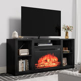 YESHOMY Electric Fireplace TV Stand for Televisions up to 65+ Inch, Media Entertainment Center Console Table with Four Open Storage Shelves & Cabinets, 58 Inch, Dark Black YESHOMY