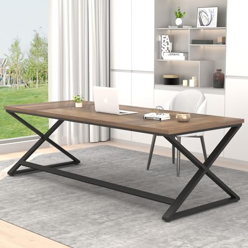 IBF Wood Large Computer Desk, 70.8” Long Home Office Desk for two Person, Farmhouse Work Study Writing Table in Bedroom, Simple Wide Metal Executive Double PC Gaming Workstation, Rustic Oak IBF