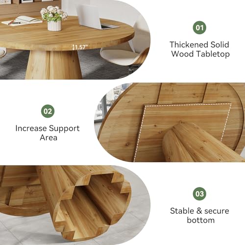 TRIBEWOOD 47.24" Solid Wood Conference Table, Rustic Round Meeting Table with Wooden Pedestal Base for 4-6 People, Small Seminar Table for Break Room, Office, Office Desk, Easy Assembly TRIBEWOOD