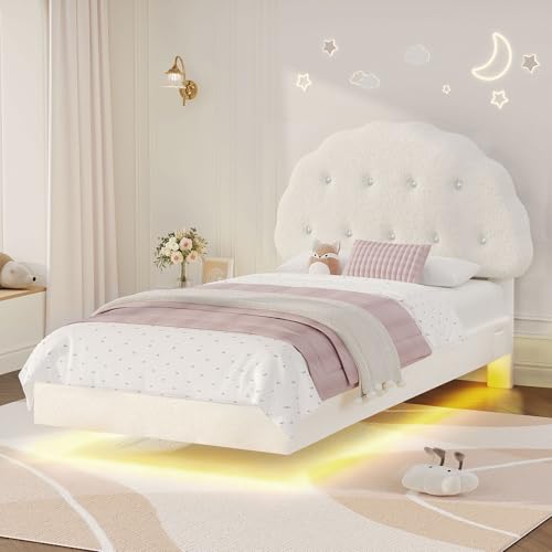 Decofy Cookie Twin Upholstered Bed Frame with LED Lights, Floating Bed Frames with Adjustable Headboard and Raised Footboard for Princess/Prince Bedroom, Teddy Velvet（White） Decofy