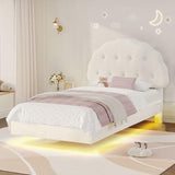 Decofy Cookie Twin Upholstered Bed Frame with LED Lights, Floating Bed Frames with Adjustable Headboard and Raised Footboard for Princess/Prince Bedroom, Teddy Velvet（White） Decofy