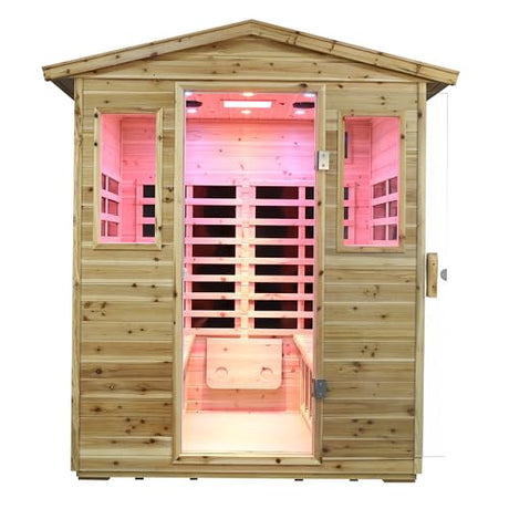 Kanlanth Outdoor Infrared Sauna with Red Light Therapy, 4 Person 2050watt Canadian Hemlock Wood Personal Sauna Room for Indoor Home, with Blue-Tooth, 4 Chromo Therapy Lighting, Control, Cup Holder Kanlanth