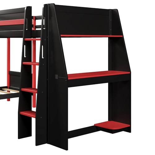 Gaming Triple Bunk Bed with Desk & LED Light & Storage Shelves,Wooden Twin Size L-Shaped Bunk Bed Frame with 3 Beds,Safety Guardrails & Ladders for Gamers Teens Adults,Wood Slat Support,Black Red FUvellamo