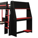 Gaming Triple Bunk Bed with Desk & LED Light & Storage Shelves,Wooden Twin Size L-Shaped Bunk Bed Frame with 3 Beds,Safety Guardrails & Ladders for Gamers Teens Adults,Wood Slat Support,Black Red FUvellamo