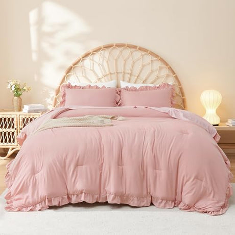 Litanika Full Size Comforter Sets, 3 Pieces Blush Pink Ruffle Girls Women Cute Bedding Comforters & Sets, Lightweight Fluffy Microfiber as Gift (79x90In Comforter & 2 Pillowcases) Litanika