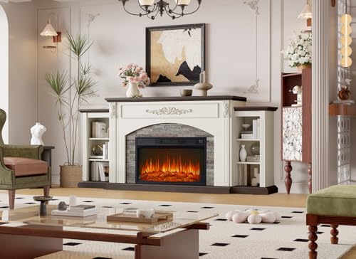 78" Electric Fireplace with Mantel, Fireplace TV Stand for TVs Up to 90 Inch, Entertainment Center with 30inch Fire Place Insert ＆ Realistic Stacked Stone Surround for Living Room BLANKSPACE