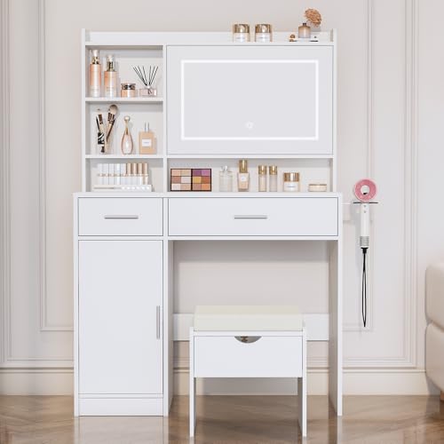 Viaozutis Vanity Desk with Mirror and Lights, with Hidden Shelves,4 Compartments,2 Drawers,Cabinet & Stool,Dimmable LED Lights,Power Outlets, Ideal for Bedroom Vanity Organization(White) Viaozutis