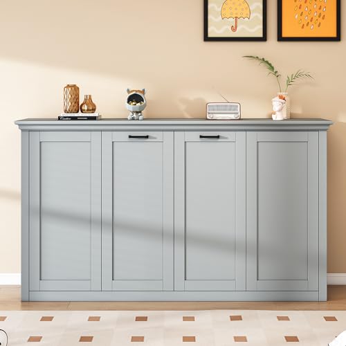 SOFTSEA Twin Size Horizontal Murphy Bed, Cabinet Murphy Bed for Guestroom Home Office Small Room, Solid Wood Wall Bed Frame Foldable Space-Saving, Can Be Folded into a Cabinet, Gray SOFTSEA