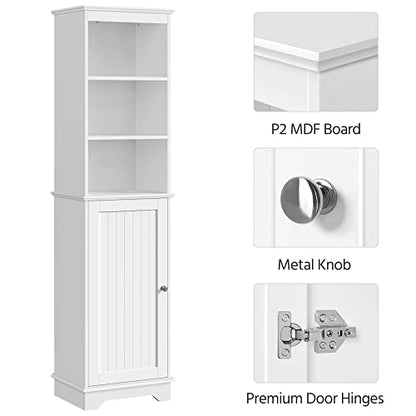 Yaheetech Tall Slim Bathroom Storage Cabinet with 3 Shelves, Enclosed Door, and Modern Design in White - WoodArtSupply