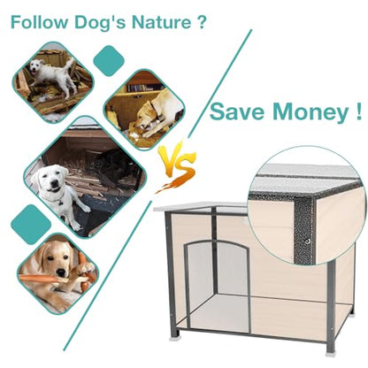 Indoor Outdoor Dog House,Anti-Chewing Iron Frame Dog Kennel,Wood Warm Pets Home,Insulated Weatherproof Outside Shelter (43.3" (L) x 29.4" (W) x 33.4" (H) Brown)