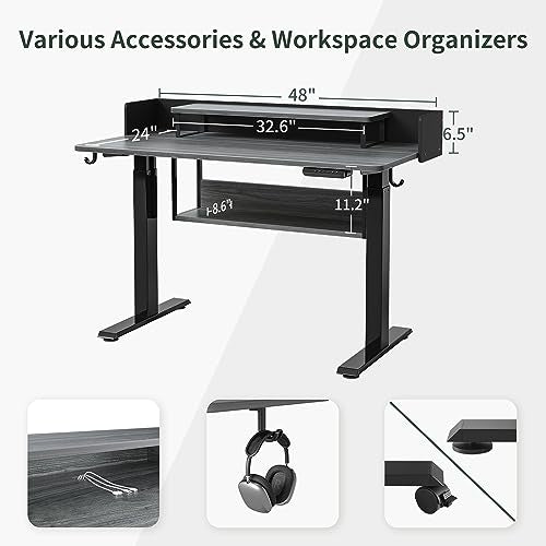 FEZIBO 48" Electric Standing Desk with Shelves, 48 x 24 Inch Sit Stand Rising Desk with Monitor Stand and Storage, Ergonomic Home Office Computer Desk, Rustic FEZIBO