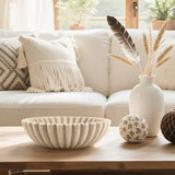 Plukers 10'' Scalloped Decorative Key Bowl for Entryway Coffee Table - Catchall Trinket Large Candy Fruit Purse Holder Kitchen Countertop Console Modern Home Decor, Artificial Stone Beige Plukers