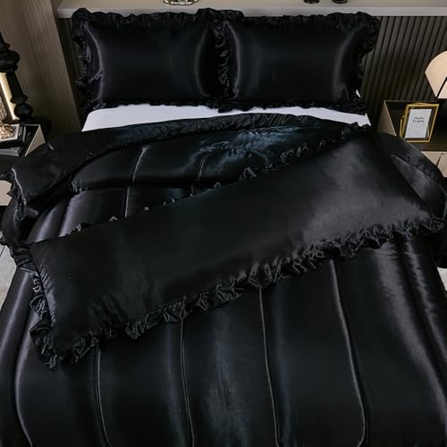 Satin Queen Comforter Set Silk Like Satin Bedding Set Hotel Soft Polyester Black Bed Set Luxury Silky Pillow Cover with Quilt Set Ruffle Down Comforter Home Decor Bedding_Dreamer