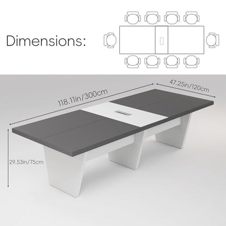 10FT Conference Table with Rectangle Grommet, 2.13" Thickened Desktop, Business Style Wooden Training Table, Modern Seminar Boardroom Table for Office Conference Room SNKBOAT