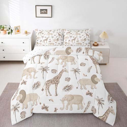 Feelyou Jungle Animals Comforter Twin Size Elephant Lion Giraffe Animal Bedding Sets African Safari Animal Duvet Set for Kids Boys Girls Hunter Brown Rust Wildlife Down Quilt Feelyou