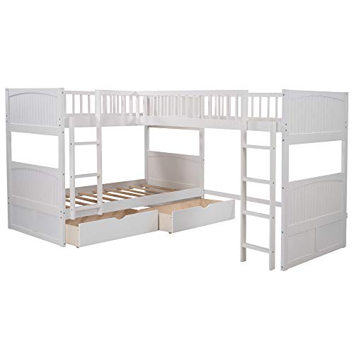Merax L Shaped Bunk Beds for 3, Triple Bunk Bed with Ladders and 2 Storage Drawers, Twin Over Twin Bunk Bed with Twin Size Loft Bed Attached, Wooden Bunk Bed Frame for Kids Teens Adults,White Merax