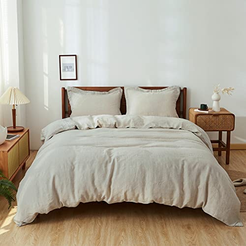 Simple&Opulence 100% Linen Duvet Cover Set 3pcs Basic Style Natural French Washed Flax Solid Color Soft Breathable Farmhouse Bedding with Button Closure - Linen, Full Simple&Opulence