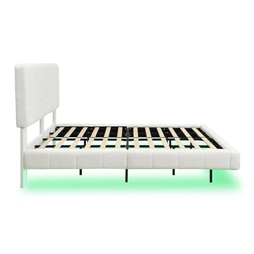 Christopher Knight Home Borden Floating Bed Frame King Size with Lights, Boucle King Size Platform Bed Frame with Headboard, Modern Floating King Bed Frame, No Box Spring Needed, Easy Assembly, White Christopher Knight Home