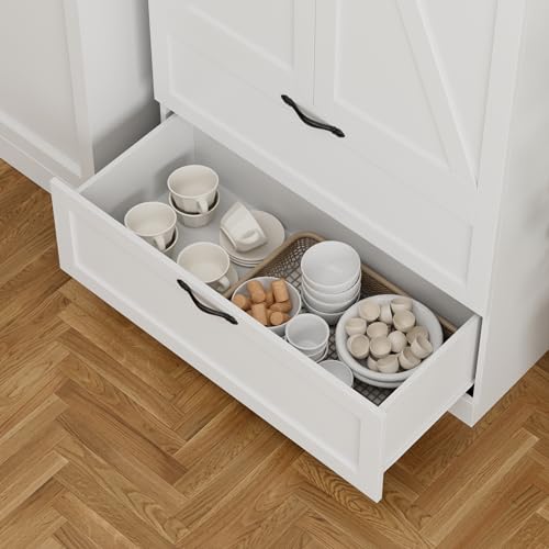 HOSTACK 70" Tall Kitchen Pantry Storage Cabinet, Barn Doors Pantry Cabinet with Drawers and Adjustable Shelf, Modern Farmhouse Storage Cabinet for Kitchen, Dining Room, Living Room, Bathroom, White HOSTACK