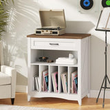 RALGEND Large Record Player Stand with Charging Station, Vinyl Record Storage Cabinet with Drawer and LED, Turntable Display Table for Living Room, Books, Rustic White and Walnut RALGEND